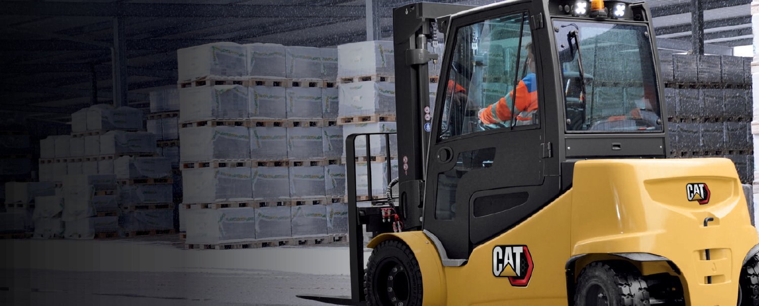 Cat electric counterbalanced forklift in outdoor warehouse